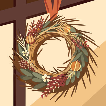 Decorative autumn wreath with leaves and flowers hanging indoors  
