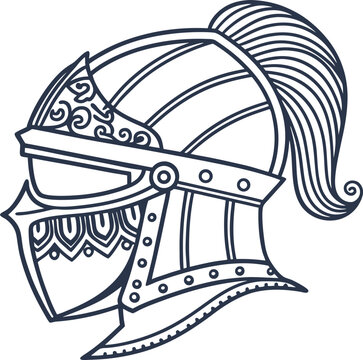 Medieval knight helmet with intricate ornament, side view line art historic armor headgear illustration