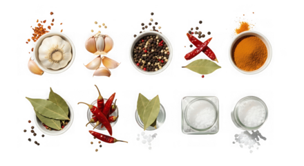 Various spices and herbs isolated on transparent background, a concept of cooking ingredients
