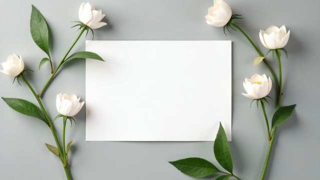 A white card surrounded by white flowers and green leaves, suitable for wedding or anniversary occasions