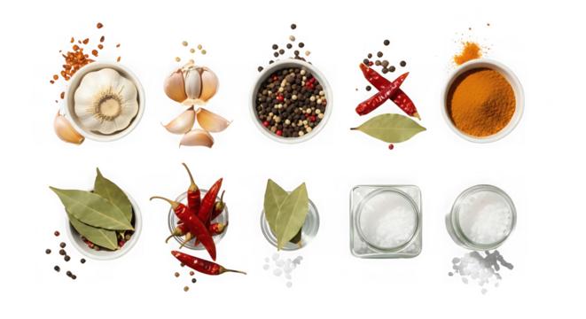 Various spices and herbs isolated on transparent background, a concept of cooking ingredients