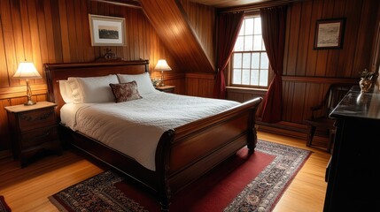 A cozy and elegant hotel-style bedroom with a queen-size bed, deep wooden paneling, and smooth polished flooring, offering a sophisticated retreat.