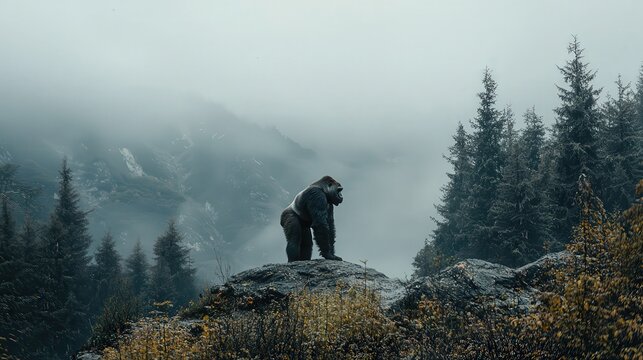 A silverback gorilla standing majestically in a misty mountain rainforest