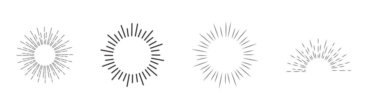 Gold sunburst collection isolated on dark blue background. Sun light rays in line art style. Bursting golden sun rays for logo, emblem, boho, tattoo and banners. Vector illustration