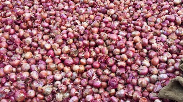 heap of red onions ready for sale at indian mandi