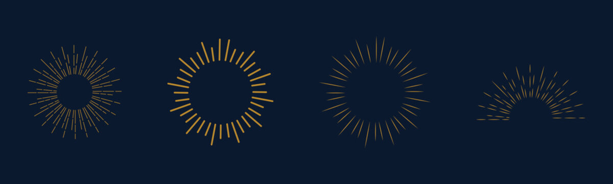 Gold sunburst collection isolated on dark blue background. Sun light rays in line art style. Bursting golden sun rays for logo, emblem, boho, tattoo and banners. Vector illustration