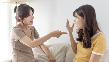 Two girls friends, sisters are fighting, crying, yelling, argue, hurt each other