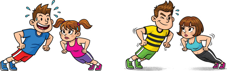 Cartoon illustration of energetic boys and girls doing push up exercises together, showing teamwork, fitness motivation, strength training, healthy lifestyle and fun workout activity
