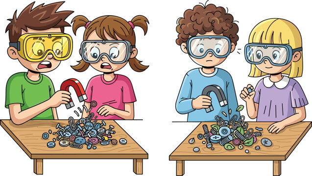 Cartoon illustration of children wearing safety goggles doing magnet science experiments, exploring magnetic objects, learning physics concepts, teamwork, curiosity and fun classroom activity