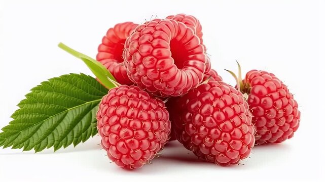 A beautiful macro shot of fresh, ripe raspberries with a vibrant green leaf, isolated on a clean white background. This detailed close-up highlights the delicious texture and rich color of the berries
