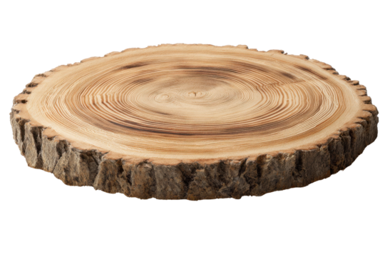 Natural wood slice with visible growth rings and rough bark texture tree trunk, Isolated On Transparent Background, Png Cut Out