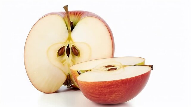 A beautiful, ripe red apple is sliced open, revealing its crisp white flesh, core, and seeds in a clean studio setting. This minimalist shot on a white background is ideal for content about healthy ea