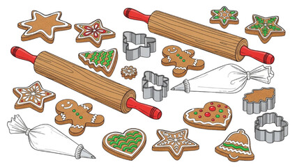 High-quality black outline colorful art of gingerbread cookies with rolling pins, cookie cutters, and frosting bags, festive holiday baking illustration