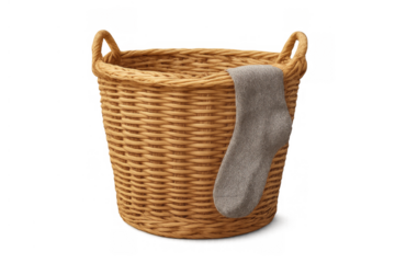 Wicker laundry basket with a gray sock, representing household chore, cleanliness, and domestic life on transparent background