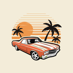 Classic American Utility Pickup Sedan Hotrod Lowered in The Beach Vector Tshirt Design Art Illustration