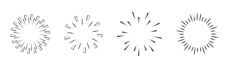 Obraz premium Vintage starburst. Sunburst shapes, bursting sun rays, sunshine. Radial fireworks burst, sunset and sunrise, star beams, sparkle elements. Vector classic boho logo line set. Sunburst vector set sun