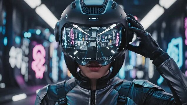 national science fiction day futuristic woman wearing vr helmet in neon city