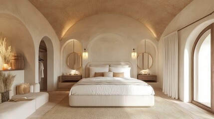 A cozy and modern Western bedroom with a plush queen-size bed in white and cream colors, an arched ceiling with gold accents, and soft ambient lighting.