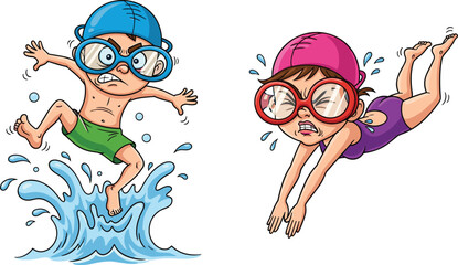 Cute cartoon children swimming in water with goggles and swim caps, playful kids learning to swim, fun water activity illustration for education
