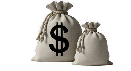 Two money bags with dollar sign isolated on transparent background for financial concept