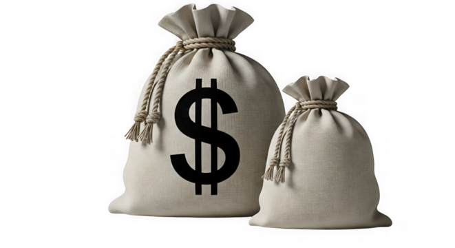 Two money bags with dollar sign isolated on transparent background for financial concept - Powered by Adobe