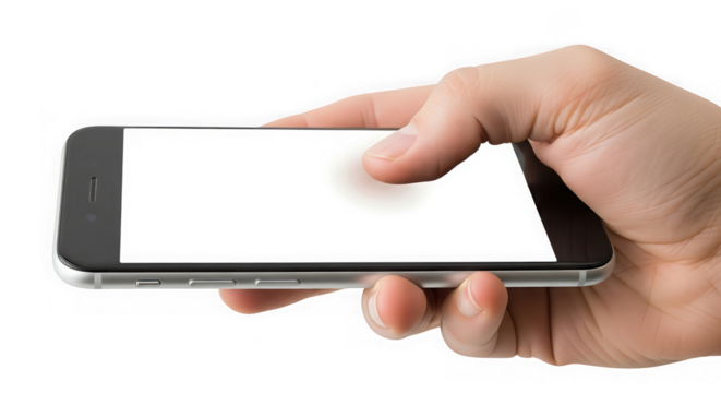 Hand holding a smartphone with a blank white screen isolated on transparent background