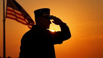 Soldier saluting American flag at sunset, patriotic symbol of service, honor, and duty, golden hour - Powered by Adobe