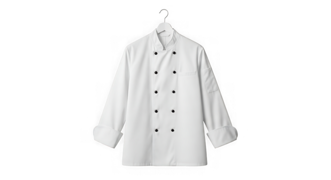 Chefs uniform hanging on a hanger isolated on transparent background, professional attire
