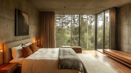 A cozy and sophisticated modern bedroom with a soft concrete finish, natural wood textures, and a large floor-to-ceiling window