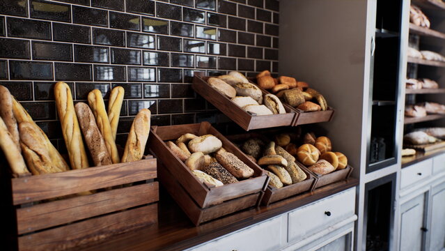 A cozy bakery offers a tempting variety of artisanal breads, artfully arranged in wooden crates. Freshly baked loaves and rolls invite customers to savor their warm aroma.