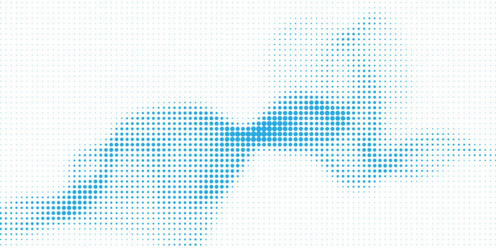 Abstract curved dotted surface with halftone effect by blue and turquoise small squares. Vector graphic pattern