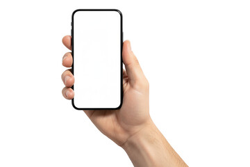 PNG.hand holding a mobile phone. hand holding a smartphone in landscape mode with a blank screen for mockup Isolated on transparent background.