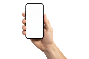 PNG.hand holding a mobile phone. hand holding a smartphone in landscape mode with a blank screen for mockup Isolated on transparent background.
