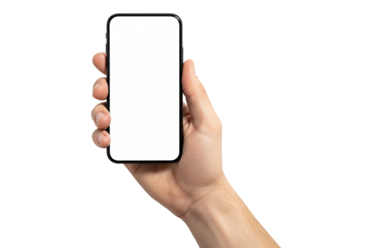 PNG.hand holding a mobile phone. hand holding a smartphone in landscape mode with a blank screen for mockup Isolated on transparent background.
