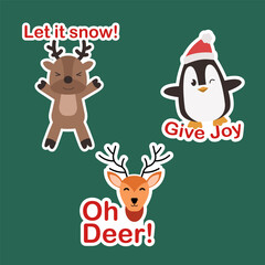 Three holiday themed stickers featuring a deer, a penguin, and a reindeer