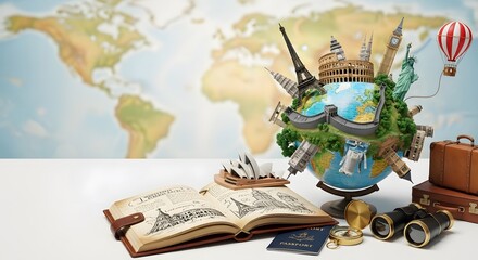 World Travel Destinations Globe with Sketchbook and Travel Accessories
