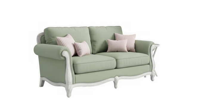 Elegant light green sofa with decorative pillows isolated on transparent background, cozy furniture