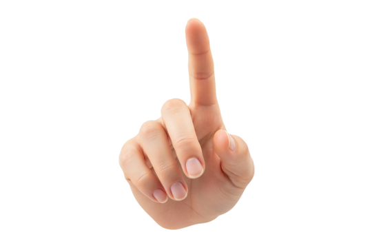 PNG. hand showing victory sign. Woman's hand with index finger pointing up making a touching or choosing gesture on transparent background.
