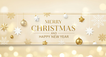 Elegant Merry Christmas and Happy New Year festive background with golden decorations perfect for holiday greetings and seasonal campaigns, celebrate winter holidays in style
