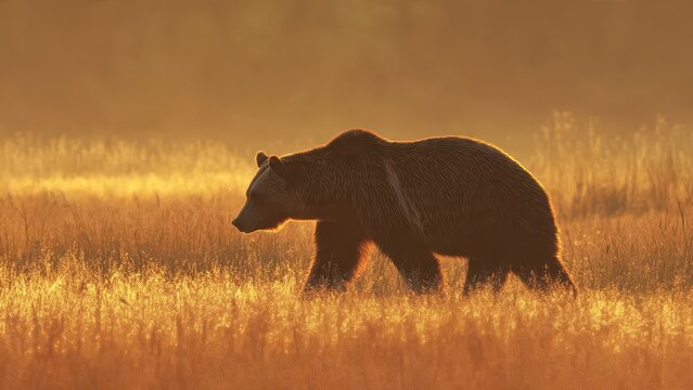 Silhouette of a bear walking through tall grass during golden hour with a soft hazy background
