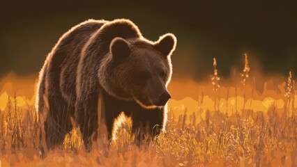 Brown bear walking through tall golden grass during golden hour in a natural environment