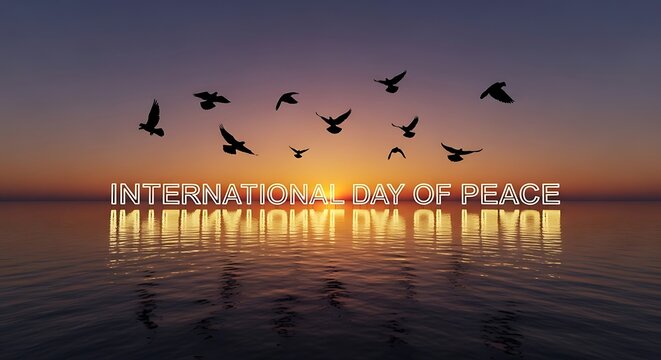 International day of peace celebration with birds flying at sunset over water reflection scene - Powered by Adobe