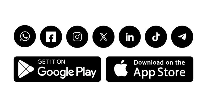 latest social media icons set with google play and app store buttons in flat style. 