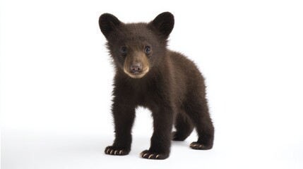 Brown Bear Cub Lying Calmly on White Background Close-Up
