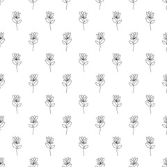 Small black outline linear flowers isolated on a white background. Monochrome seamless pattern. Vector simple flat graphic illustration, hand drawn. Texture.
