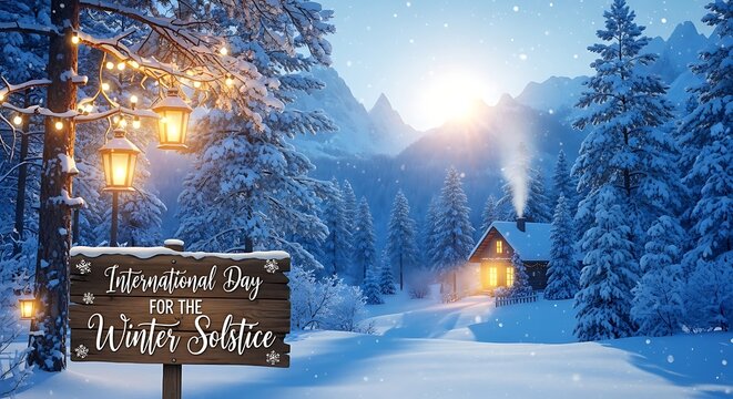 International winter solstice day celebration in snowy forest with cabin and lights scene - Powered by Adobe