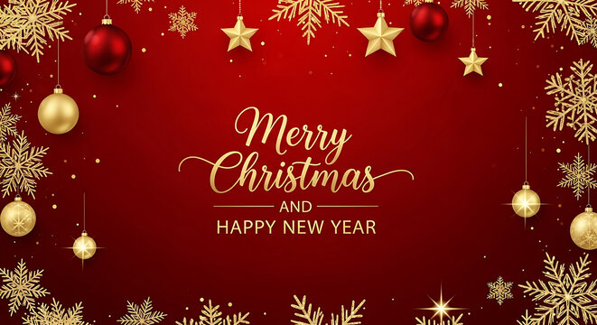 Warm holiday greetings with festive snowflakes and ornaments on a vibrant red backdrop, wishing a Merry Christmas and a Happy New Year for joyful celebrations