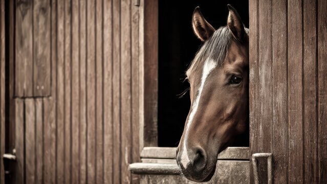 Brown horse with white markings looking out from a rustic wooden stable door with dark background