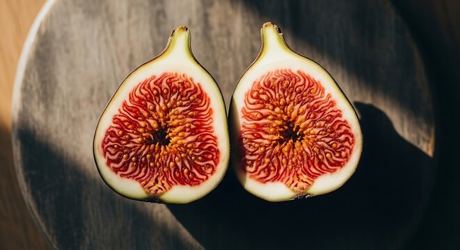 Close-up of Fresh Fig Halves Cut Open, Revealing Vibrant Red Pulp and Seeds on Rustic Wooden Surface with Dramatic Sunlight.

