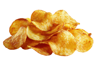 Pile of golden brown potato chips with crispy edges on black background crisps snack, Isolated On Transparent Background, Png Cut Out
